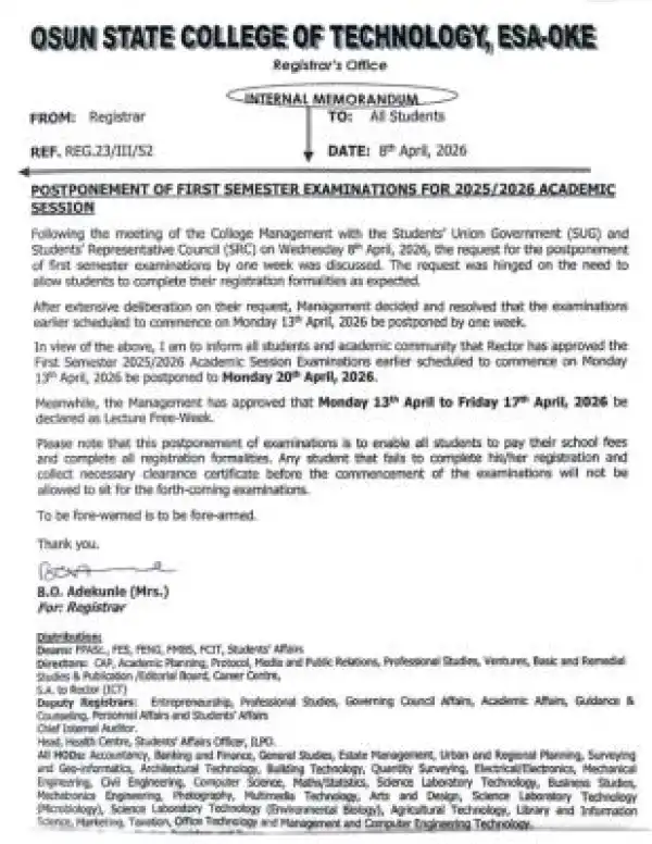 Osun State College of Technology (OSCOTECH) postpones first semester examinations, 2025/2026