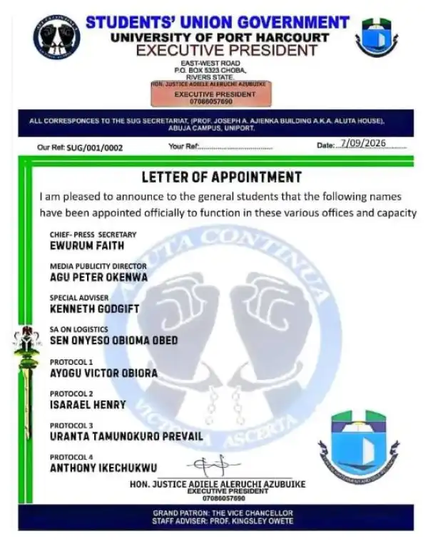 UNIPORT SUG President announces new appointments