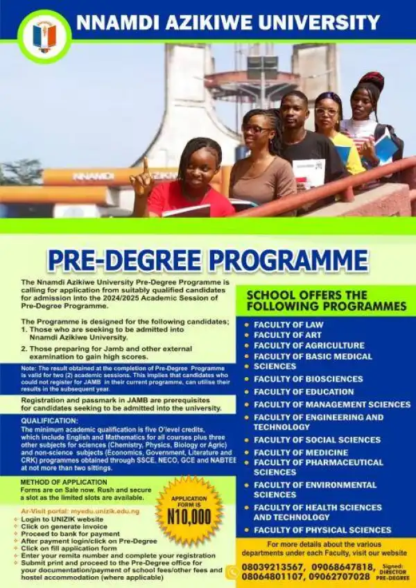 UNIZIK Pre-degree admission form for 2024/2025