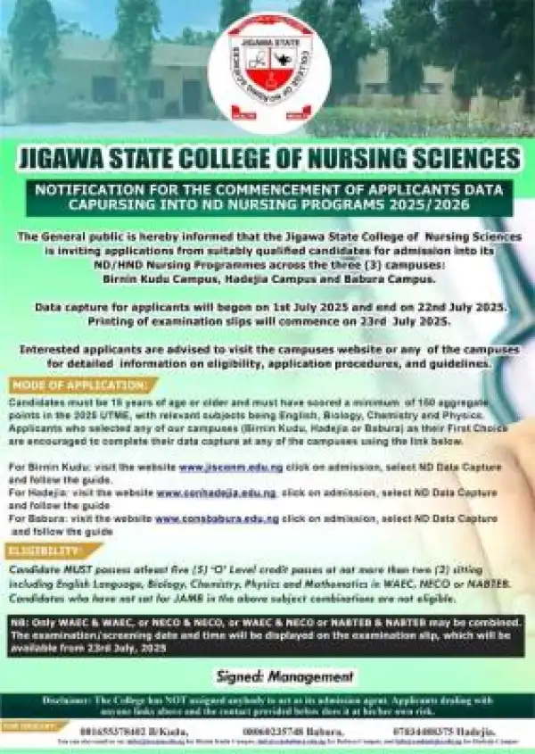 Jigawa State College of Nursing Sciences releases ND/HND admission, 2025/2026