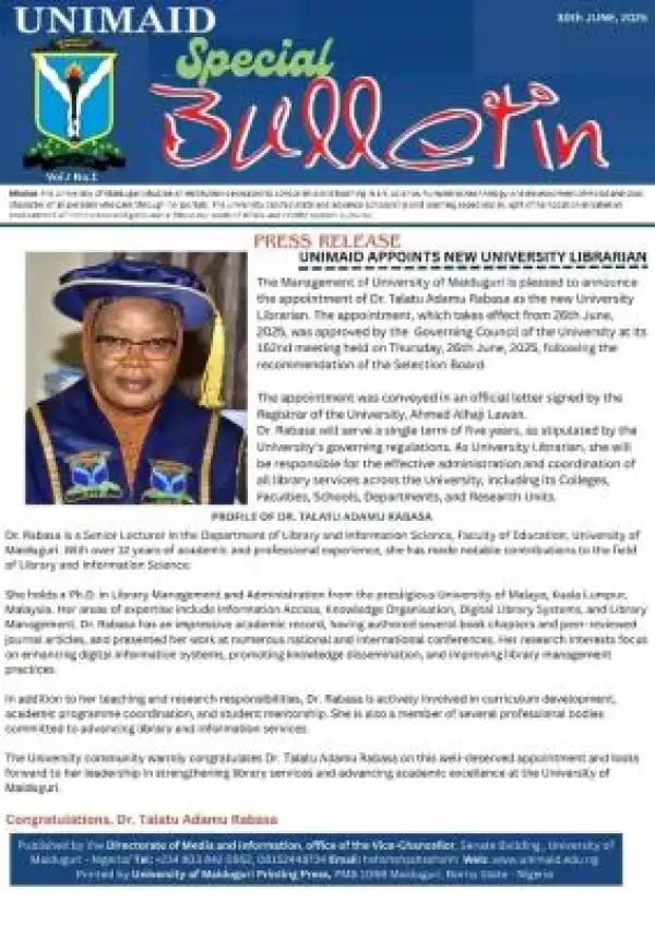 UNIMAID appoints Dr. Talatu Adamu as university Librarian