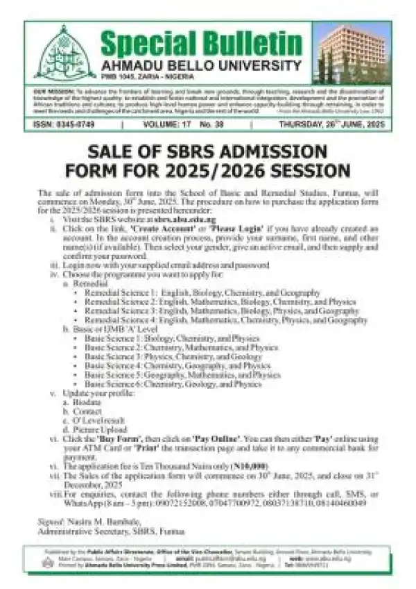 ABU Zaria School of Remedial & Basic Studies Funtua releases admission form, 2025/2026
