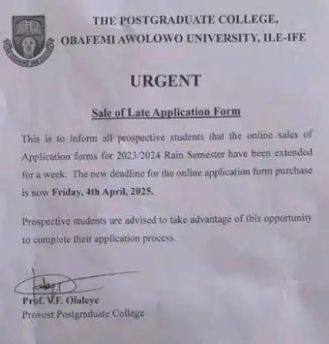 OAU Postgraduate College extends sales of application form for rain semester, 2023/2024
