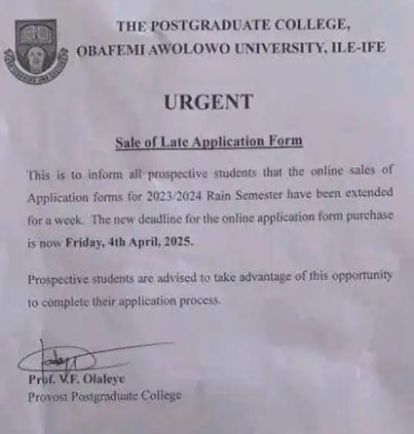 OAU Postgraduate College extends sales of application form for rain semester, 2023/2024