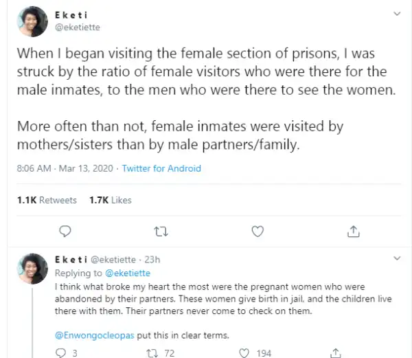 Female prisoners are abandoned by their families than male prisoners - Twitter user