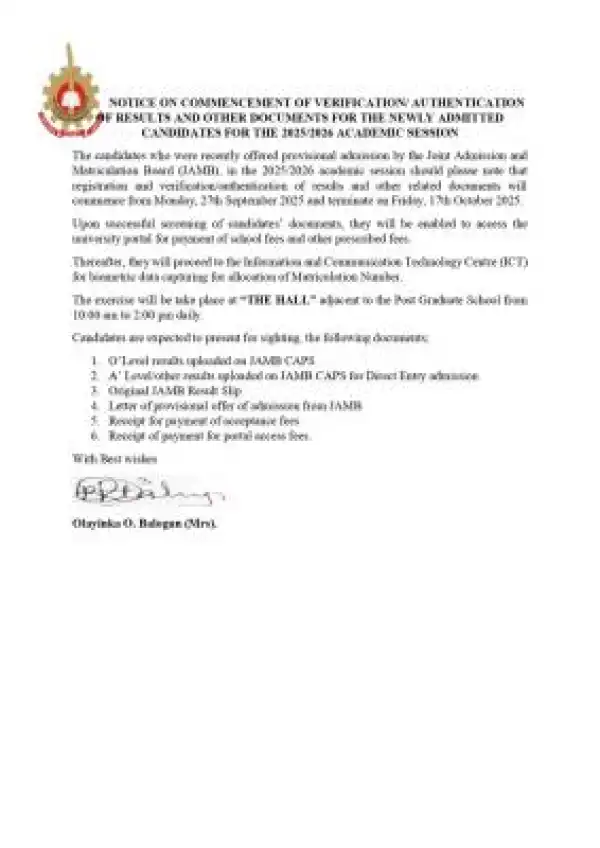 LAUTECH announces verification/authentication exercise for new students, 2025/2026