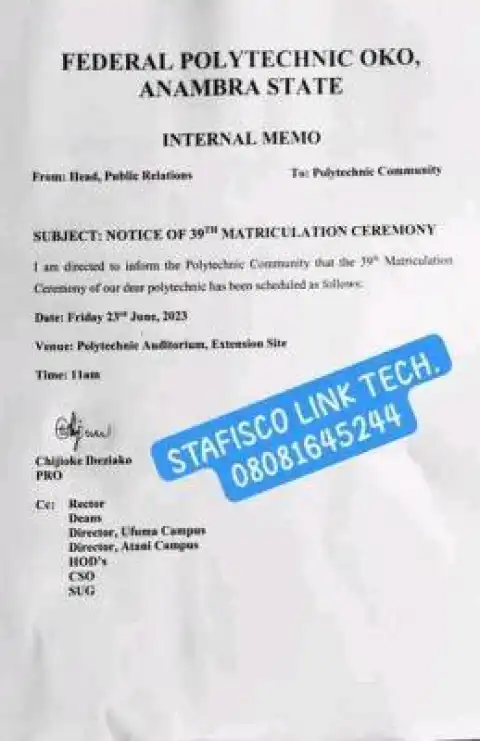 Federal Polytechnic, Oko announces 39th Matriculation Ceremony