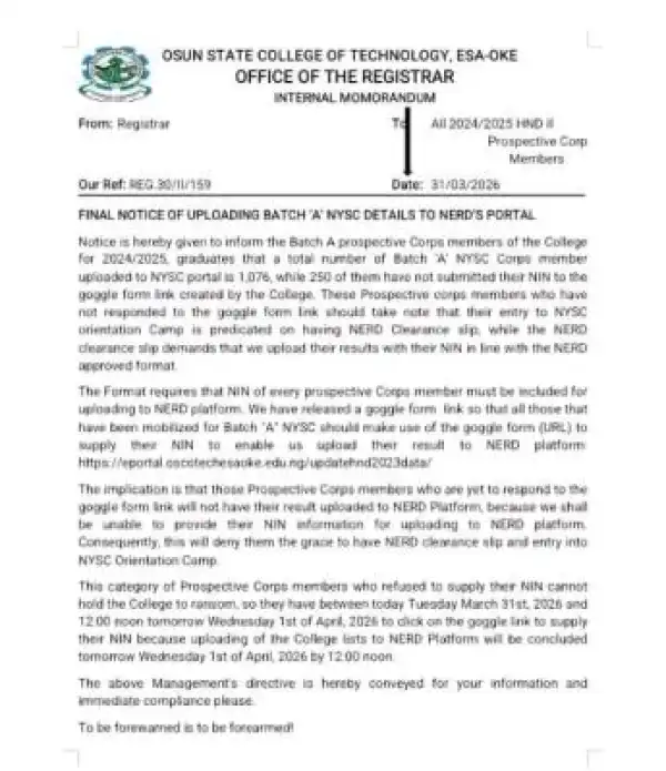 OSCOTECH final notice to prospective Batch A corps members, 2026