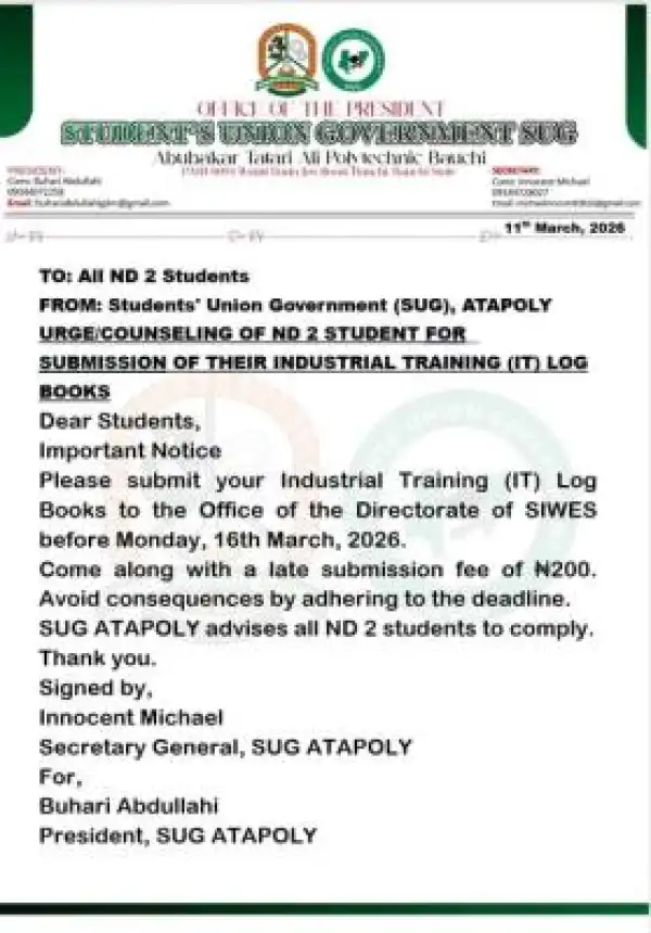 ATAPOLY SUG urges ND II students to submit IT log books before March 16