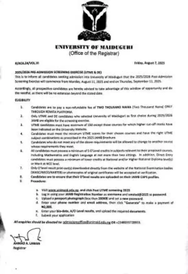 UNIMAID Post-UTME/DE 2025: Cut-off mark, Eligibility and Registration Details