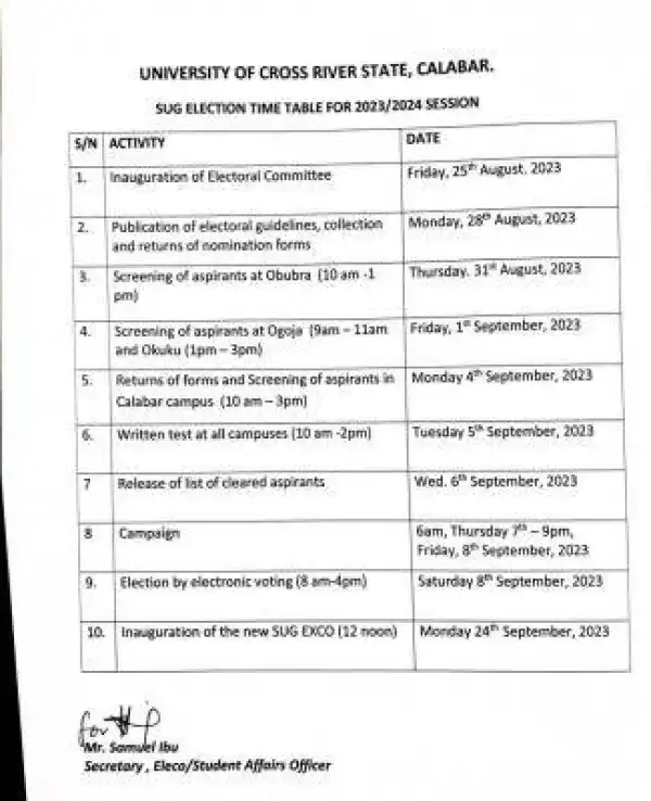 UNICROSS SUG election timetable, 2023/2024