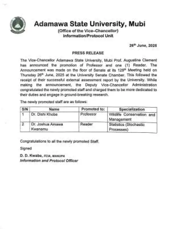 ADSU announces newly promoted staff