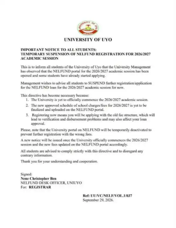 UNIUYO Suspends NELFUND Registration for 2026/2027 Academic Session