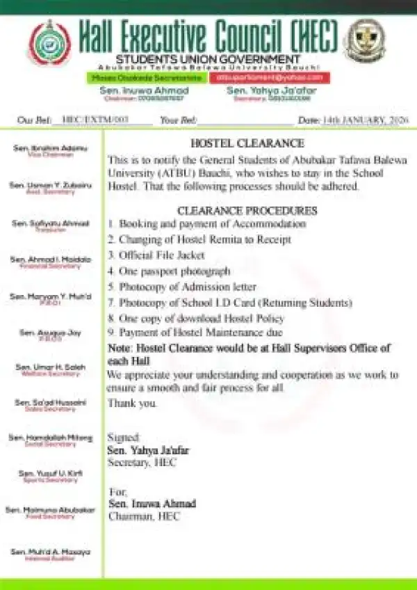 ATBU SUG notice to students on hostel clearance