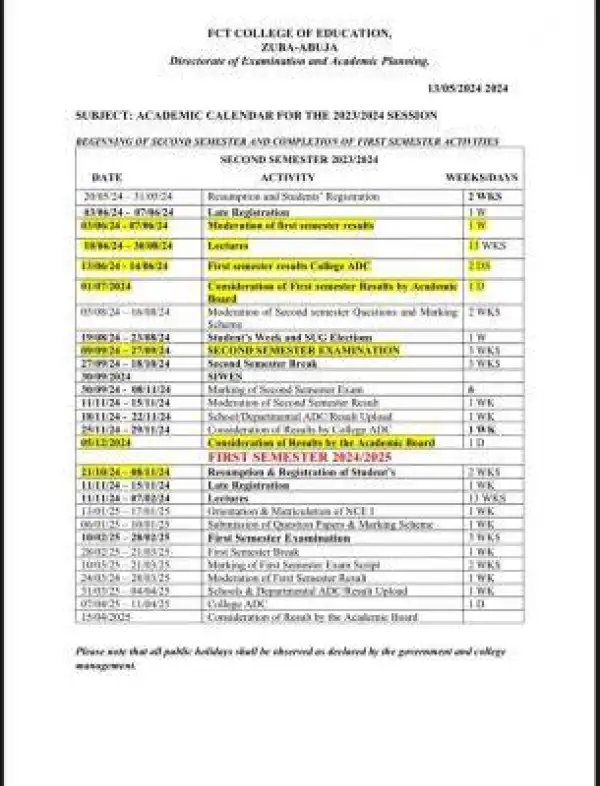 FCT College of Education, Zuba academic calendar for conclusion of 2023/2024 session