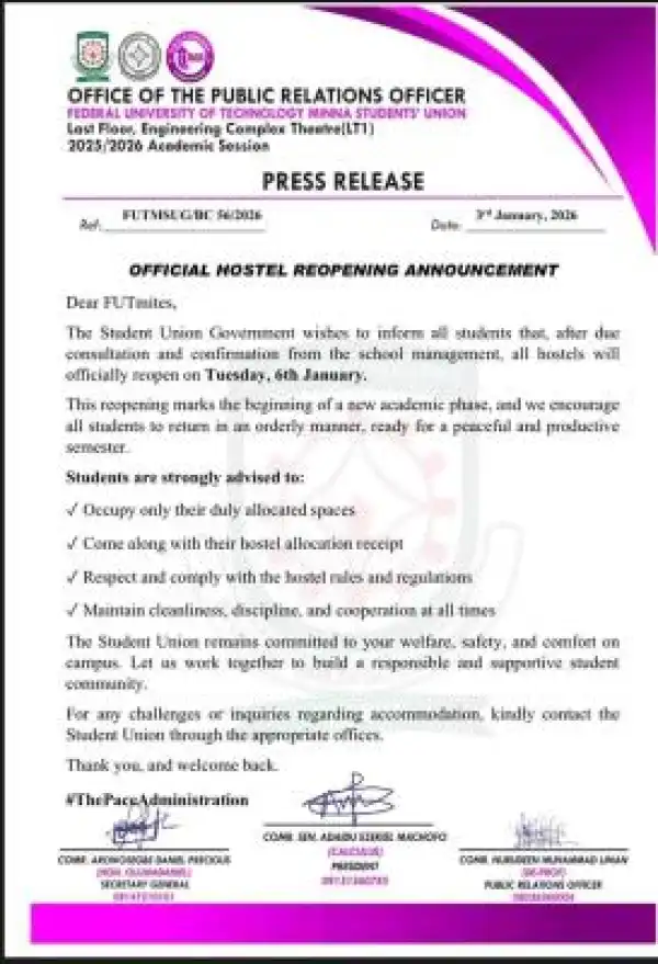 FUTMINNA to reopen hostels January 6th