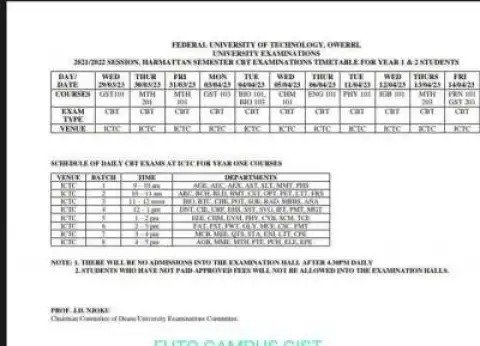 FUTO CBT exam timetable for year 1 & 2 students, Harmattan Semester, 2021/2022
