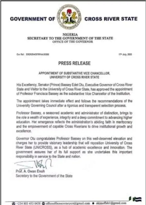 UNICROSS appoints the Substantive Vice Chancellor