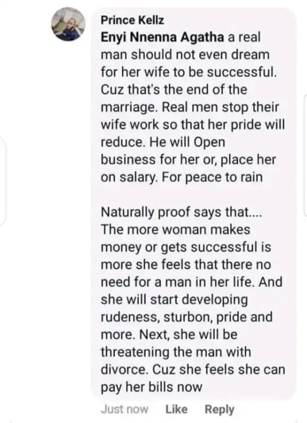 “A real man should not allow his wife to be successful” – Nigerian man says