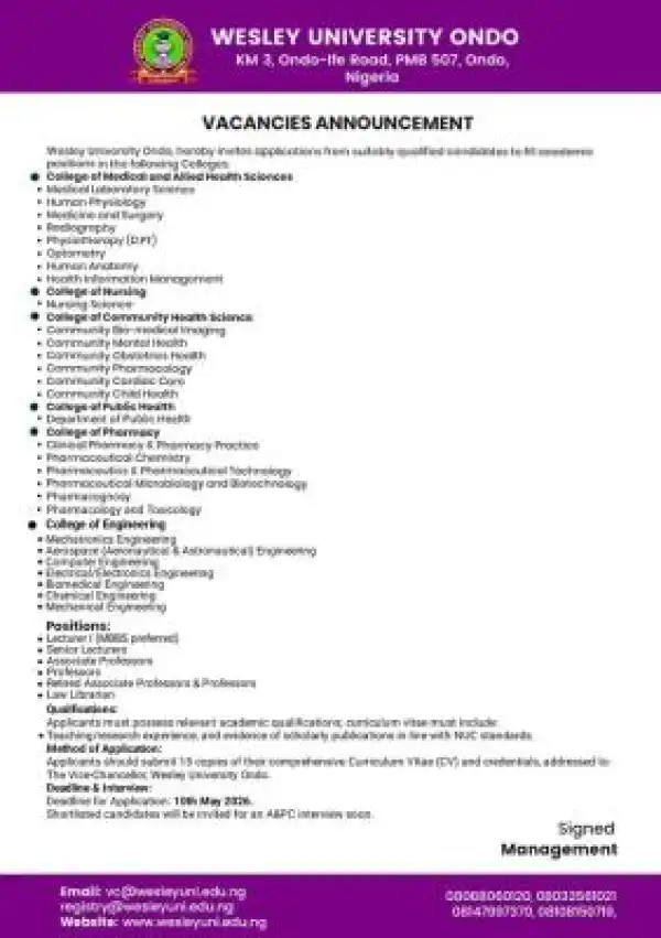 Wesley University announces academic staff vacancies