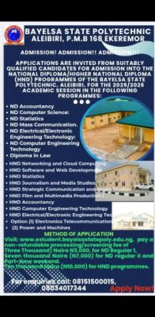 Bayelsa State Poly admissions for 2025/2026 session
