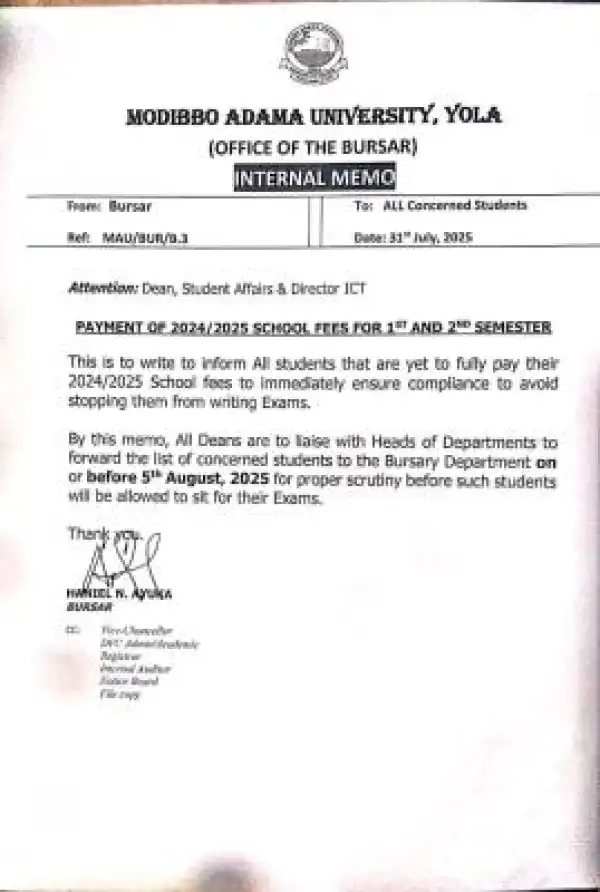 MAUTECH notice on payment of school fees for 1st & 2nd semester, 2024/2025