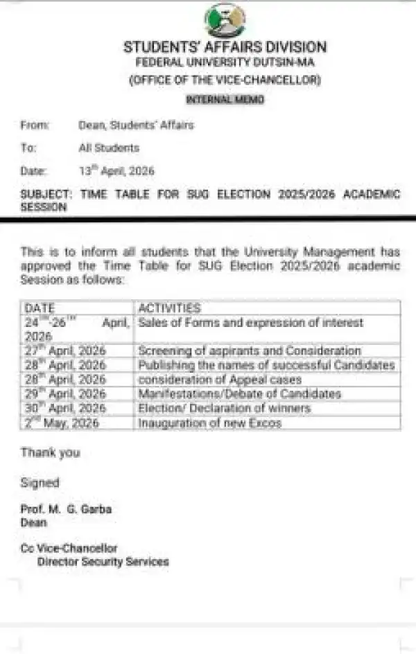 FUDutsin-ma SUG election timetable for 2025/2026 Session