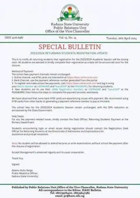 KASU notice to returning students on registration, 2023/2024