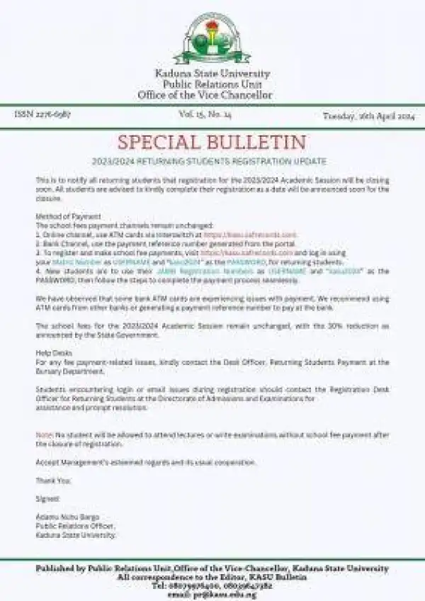 KASU notice to returning students on registration, 2023/2024