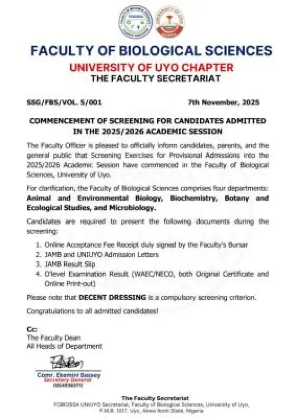 UNIUYO Faculty of Biological science begins physical screening for new students