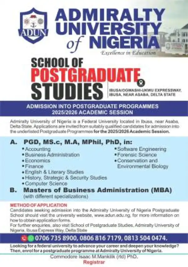 Admiralty University of Nigeria Postgraduate Admission, 2025/2026