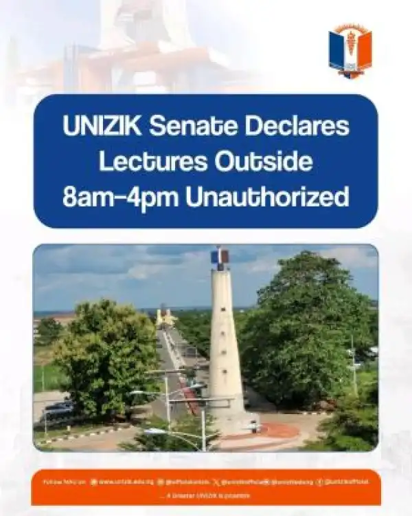 UNIZIK announces official lecture hours, warns against unauthorized classes