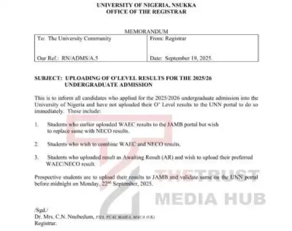 UNN notice on uploading of O