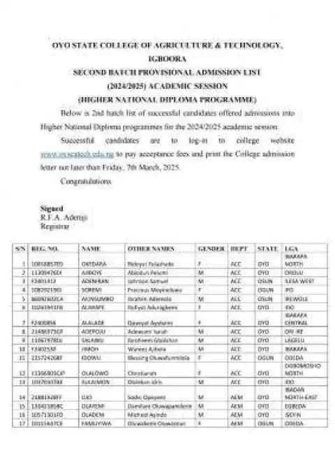 OYSCATECH releases 2nd batch HND admission lists, 2024/2025