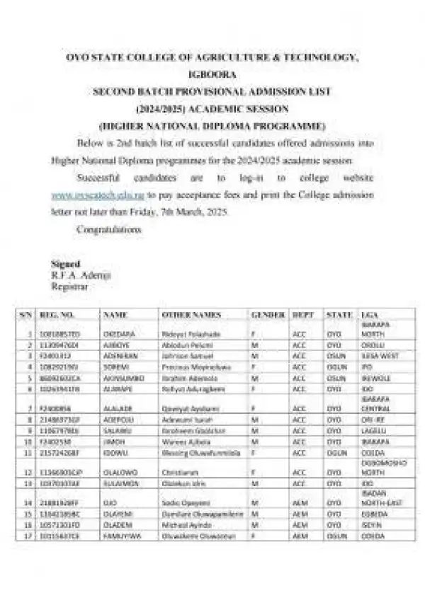 OYSCATECH releases 2nd batch HND admission lists, 2024/2025