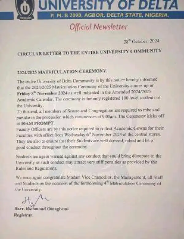 UNIDEL notice of Matriculation ceremony, 2024/2025