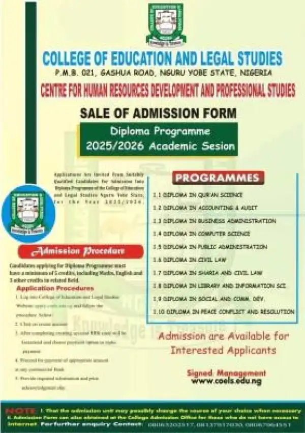 College of Education & Legal Studied, Nguru releases Diploma programme admission form, 2025/2026