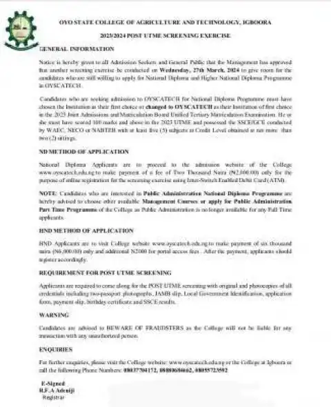 OYSCATECH announces new batch of screening exercise into ND & HND, 2023/2024