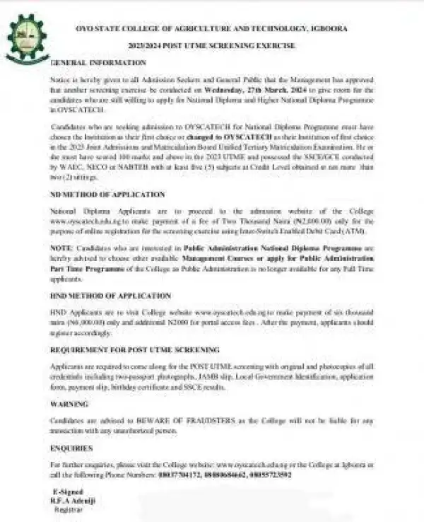 OYSCATECH announces new batch of screening exercise into ND & HND, 2023/2024