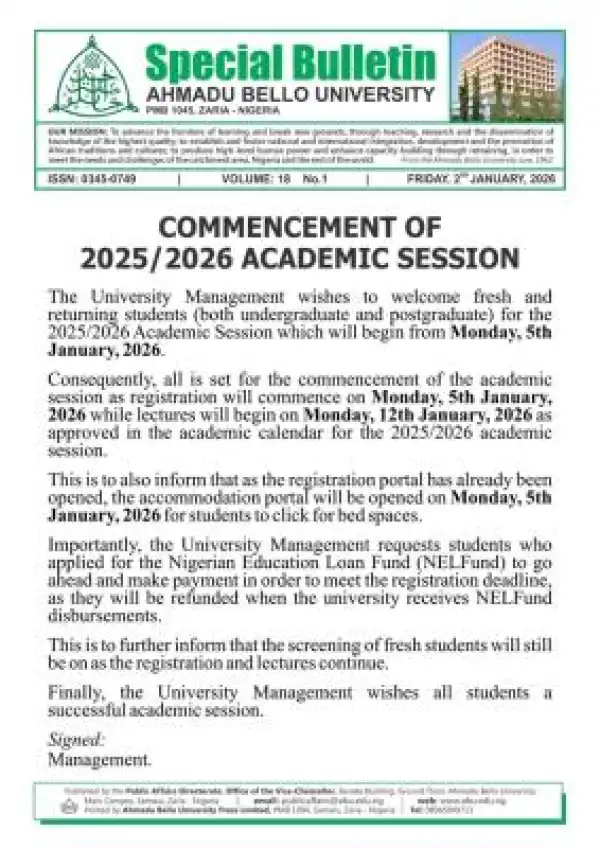 ABU announces commencement of 2025/26 academic session
