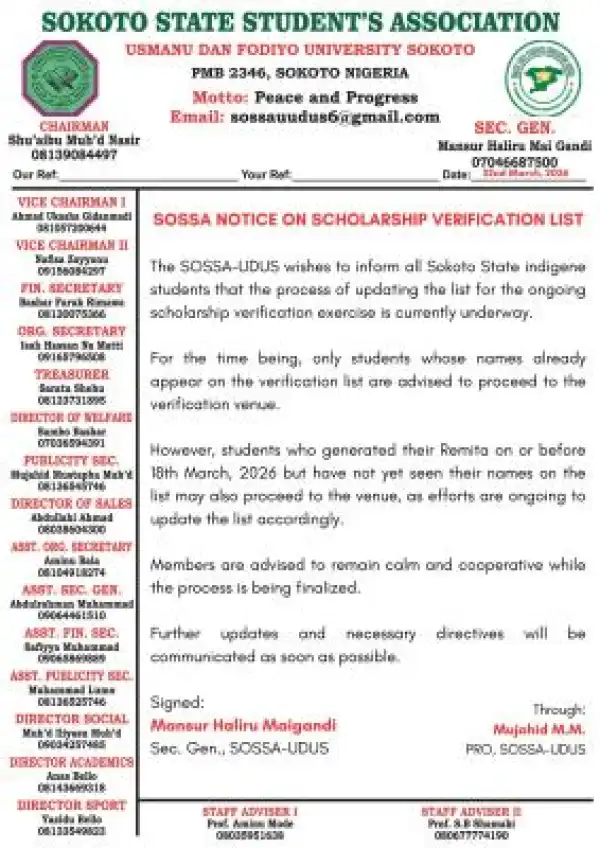 UDUSOK SOSSA update on Scholarship Verification List