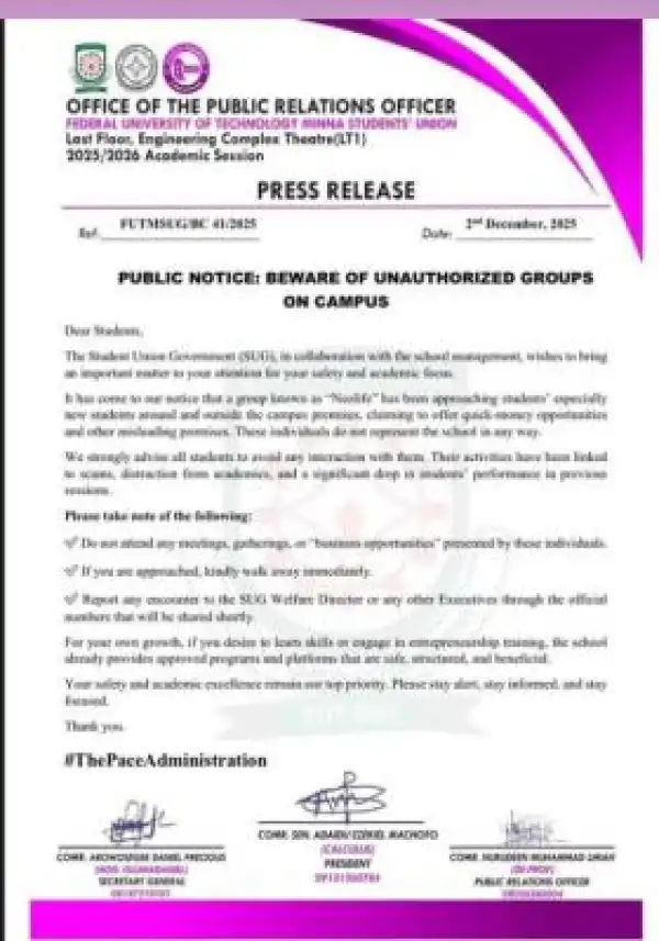 FUTMINNA SUG warns students against unauthorized groups