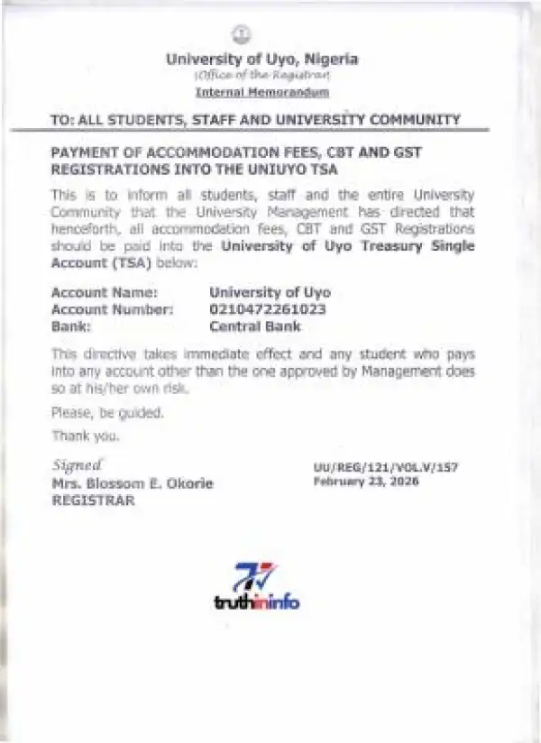 UNIUYO notice on payment of accommodation, CBT, GST fees into the TSA account