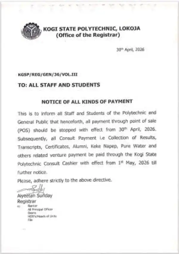 Kogi State Poly notice on official payment channel