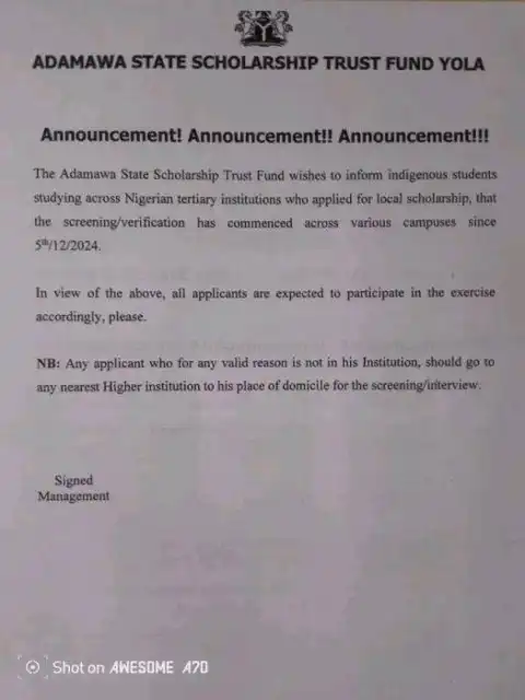 Adamawa State Scholarship Trust Fund notice on screening/verification exercise, 2024/2025