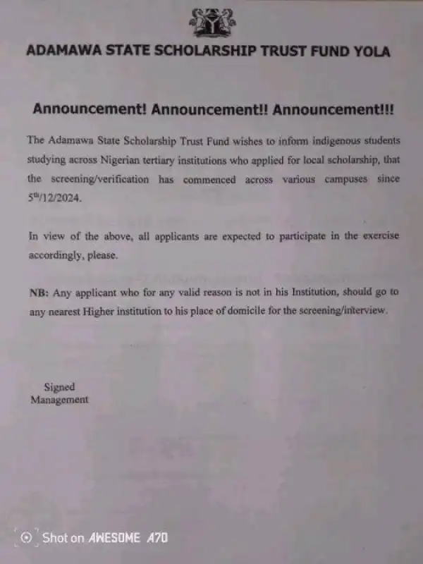 Adamawa State Scholarship Trust Fund notice on screening/verification exercise, 2024/2025