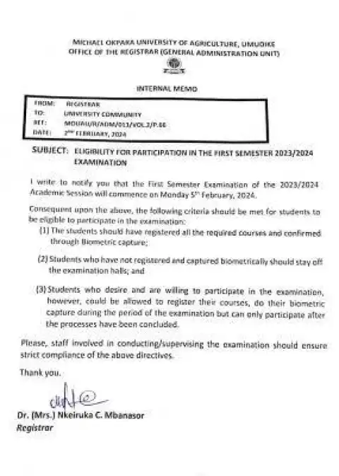 MOUAU eligibility for participation in 1st semester exam, 2023/2024