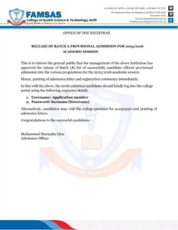 FAMSAS College of Health Sciences & Tech. releases Batch A admission list, 2025/2026