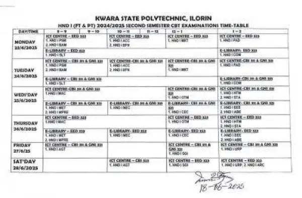 Kwara Poly 2nd semester exam time-table for HND I (FT&PT), 2024/2025