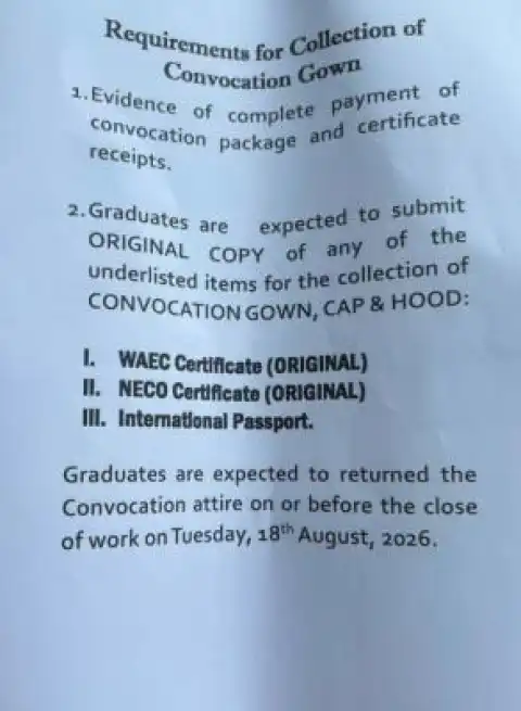 LASU notice on requirements for collection of 29th & 30th convocation gowns
